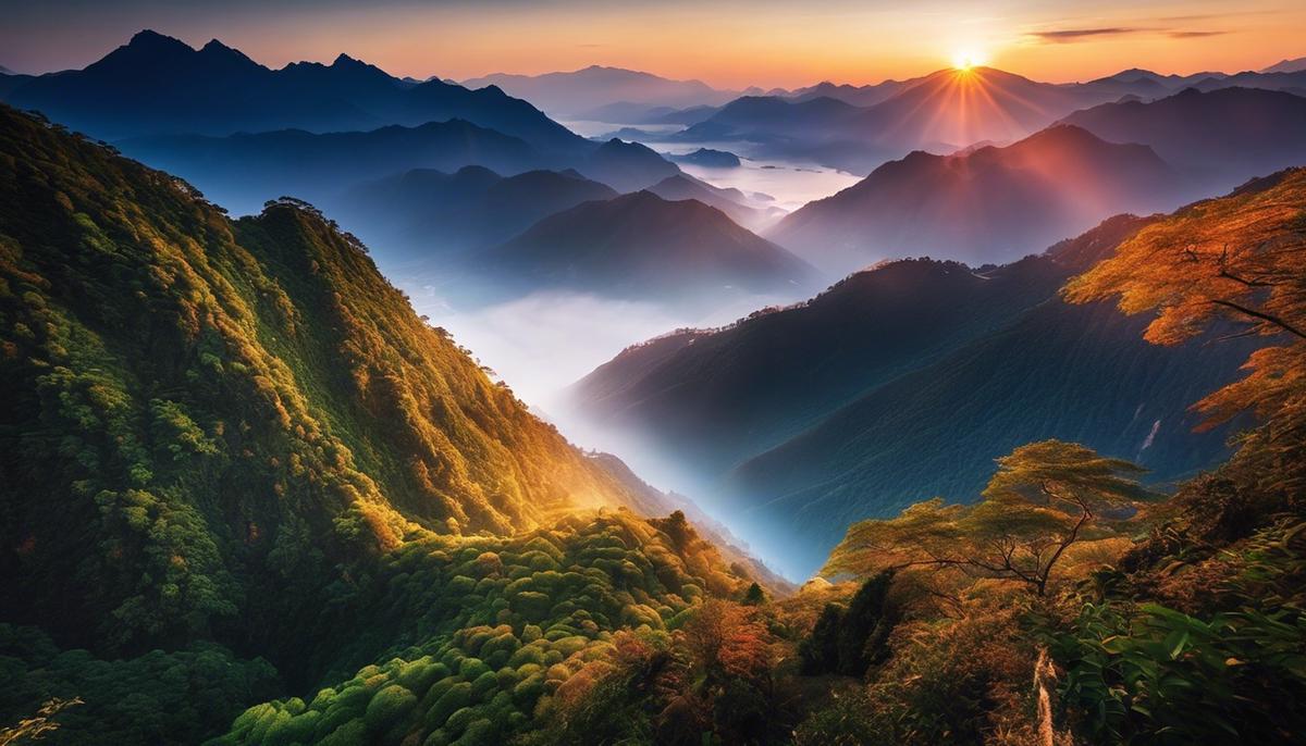 A beautiful view of a sunset over a mountain range in Asia
