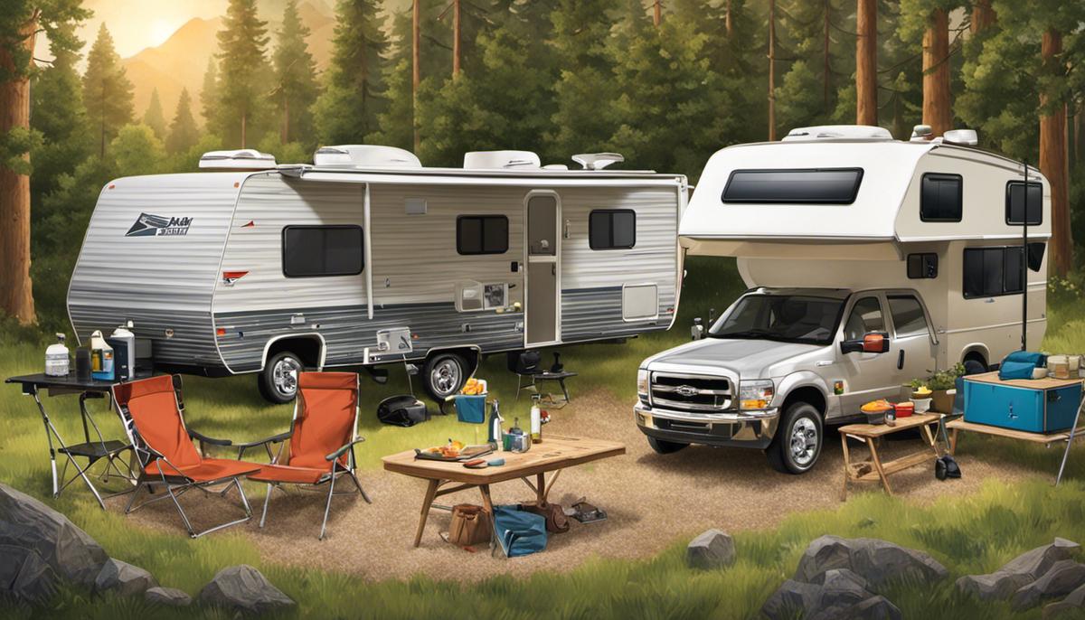 Illustration of essential equipment for RV trips, including navigation tools, kitchen essentials, bedding, camping chairs, hoses, leveling blocks, and solar panels.