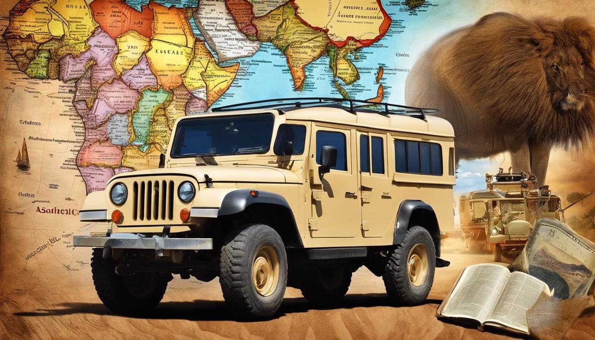 An image of a map of Africa with various travel elements such as a passport, airplane, bus, train, and safari jeep, representing the diverse experiences and challenges faced during travel in Africa.