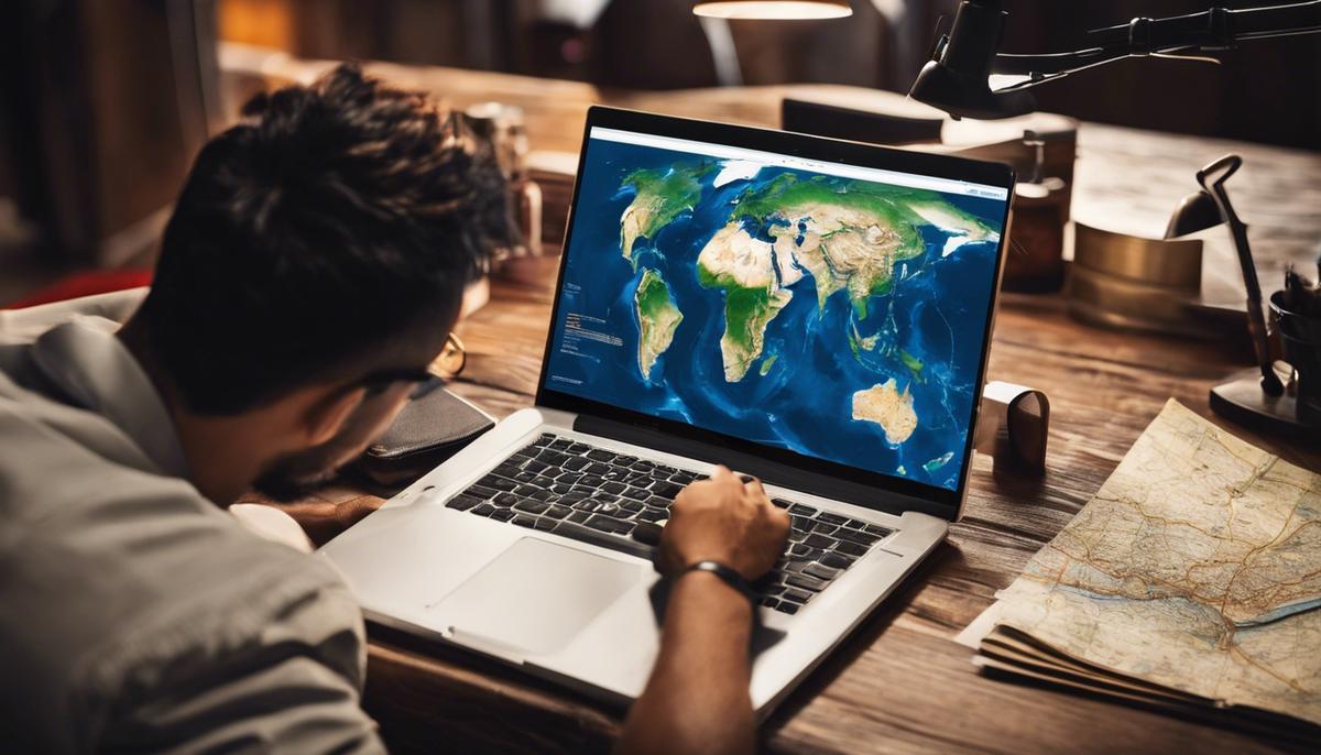 An image of a person planning their trip, looking at a laptop with a world map on the screen and a passport next to it.