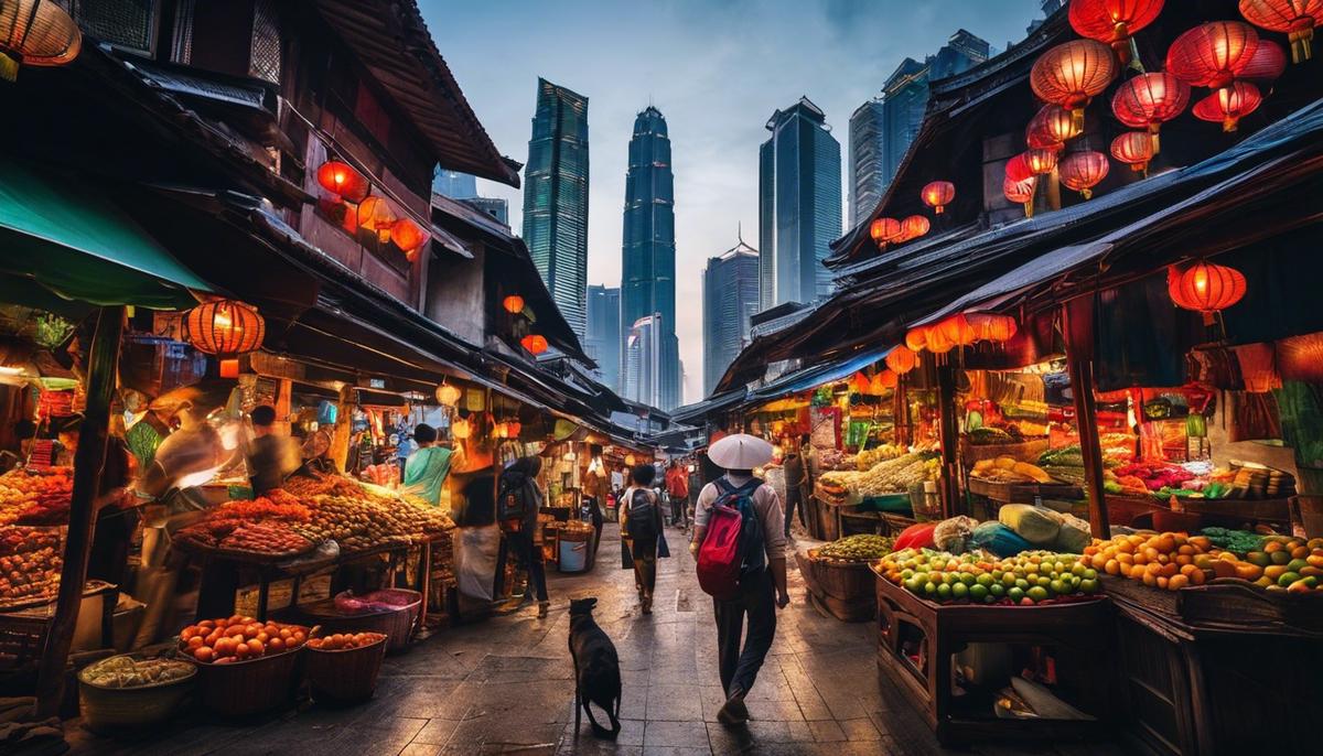 A picture of a backpacker in Asia exploring the bustling streets with dense skyscrapers and colorful markets.