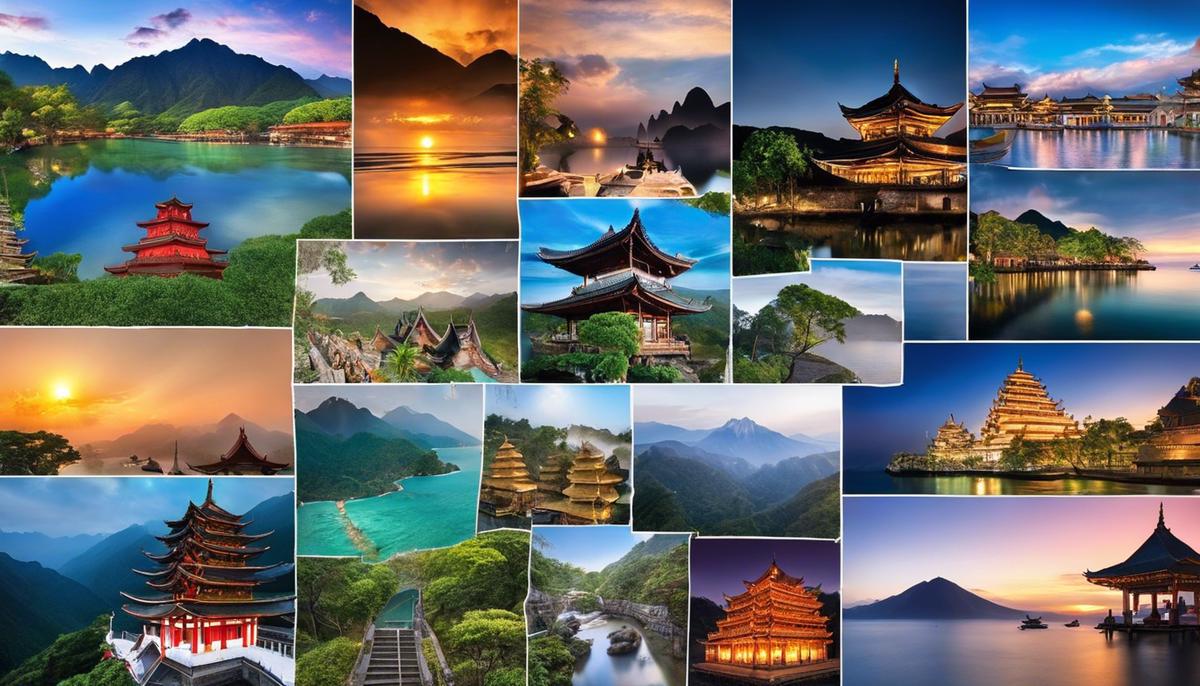 A collage of images representing the hidden gems of Asia, such as temples, beaches, and mountain landscapes.