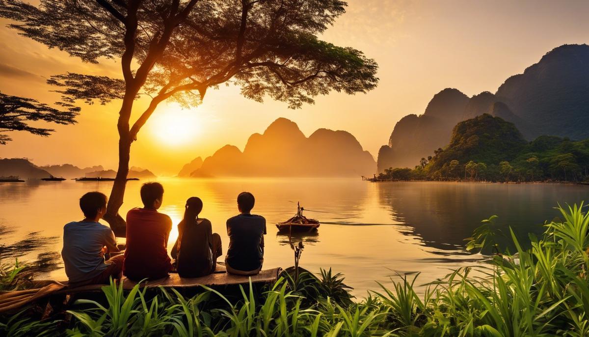 Image description: A group of travelers enjoying a beautiful sunset in Asia, representing sustainable travel in a natural environment.