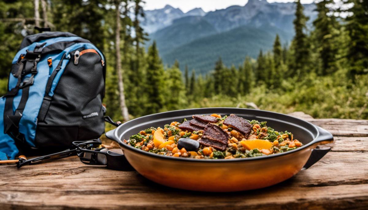 A plate of dehydrated camping food with a backpack in the background