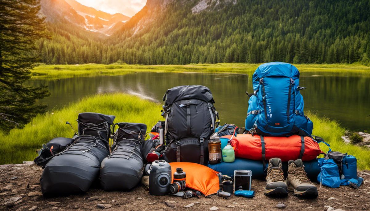 Image of essential backpacking gear including a backpack, sleeping bag, tent, and hiking boots.