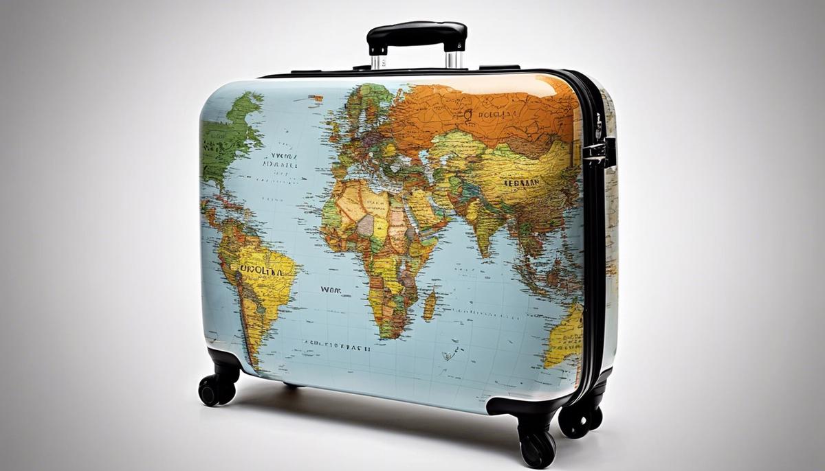 A suitcase with a world map pattern, symbolizing budget-friendly travel.