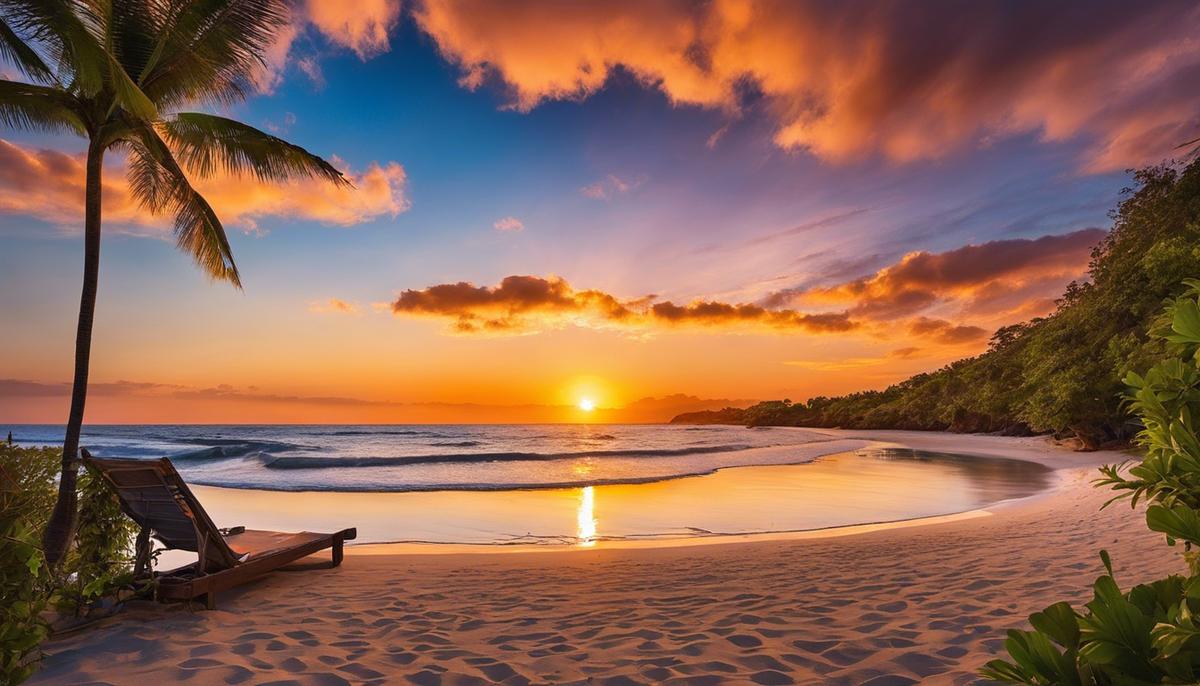A picturesque sunset over a tranquil beach, representing the beauty and serenity of a solo travel destination.