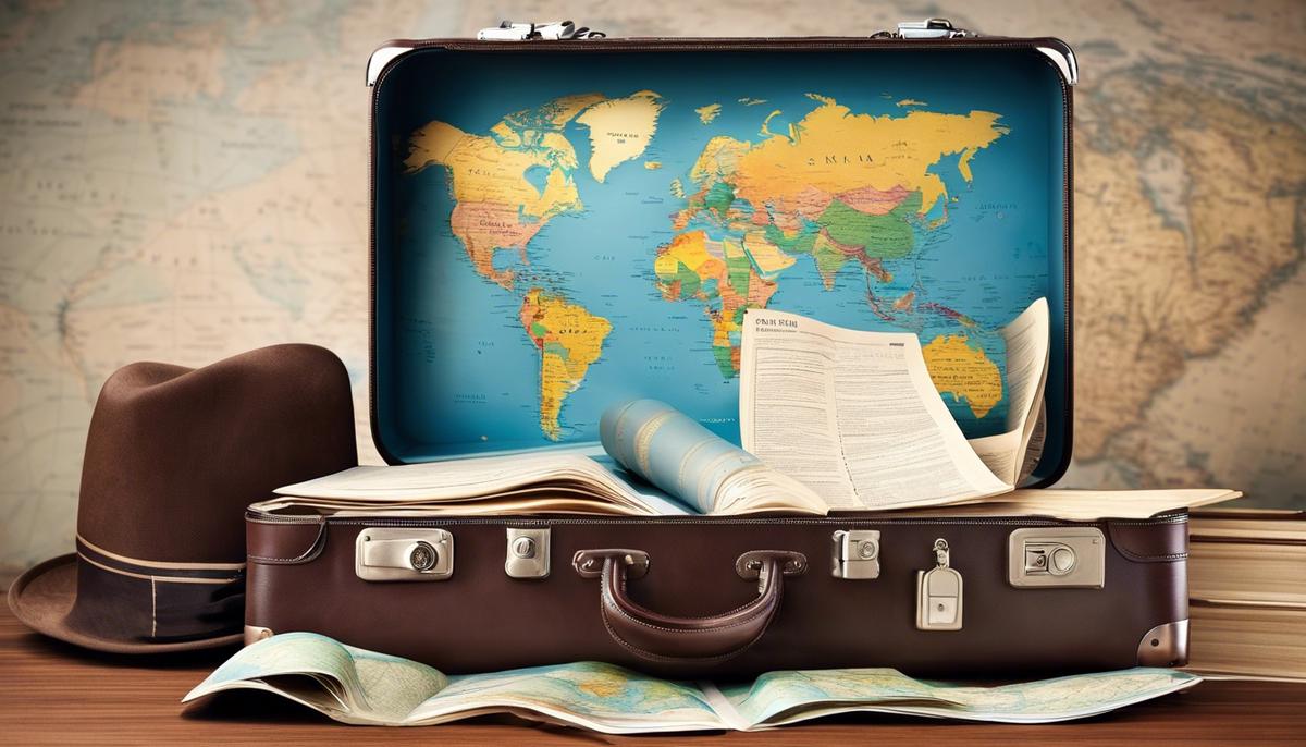 A suitcase filled with travel essentials, passport, and a world map, representing the text about planning a trip around the world.